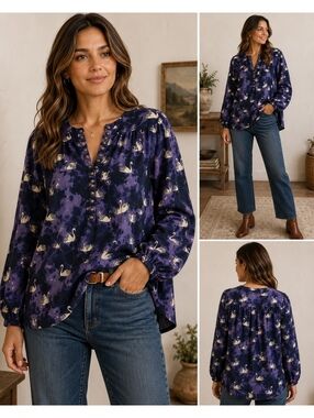 Maeve Anthropologie Swan Print Cotton Henley Blouse